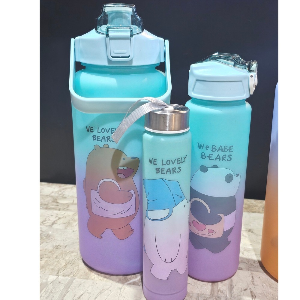 We Bare Bears Water Bottle Set 3 Cute Cartoon Bears BPA Free 2 L, 68 oz, 900‎ ML